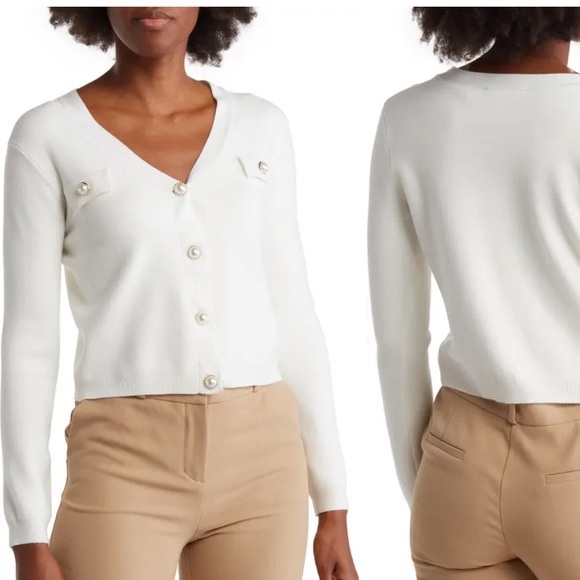 T tahari faux pearl button sweater cardigan in white size small - Picture 10 of 10